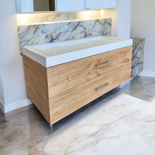 Meuble sous vasque doubles tiroirs couleur chêne naturel en bois massif ,fait artisanalement en France par Gakeal