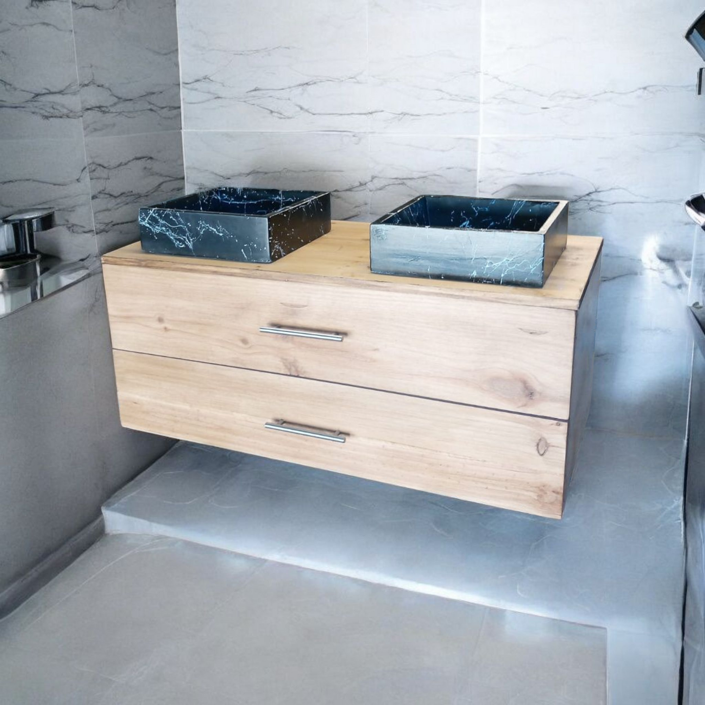 Meuble sous vasque doubles tiroirs couleur chêne naturel en bois massif ,fait artisanalement en France par Gakeal
