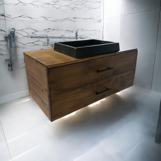 Meuble sous vasque doubles tiroirs couleur noisetier en bois massif ,fait artisanalement en France par Gakeal