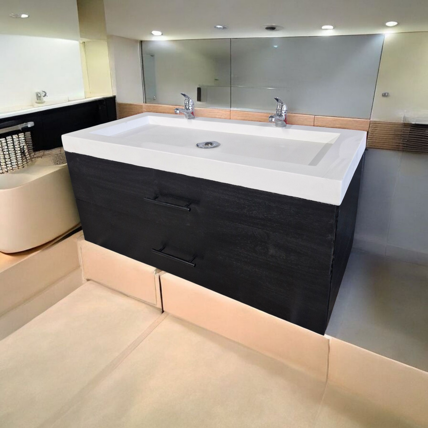 Meuble sous vasque doubles tiroirs noir en bois massif ,fait artisanalement en France par Gakeal