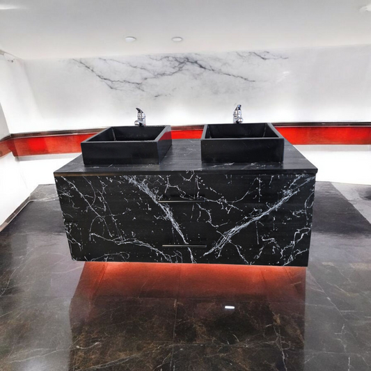 Meuble sous vasque doubles tiroirs noir effet marbre en bois massif ,fait artisanalement en France par Gakeal