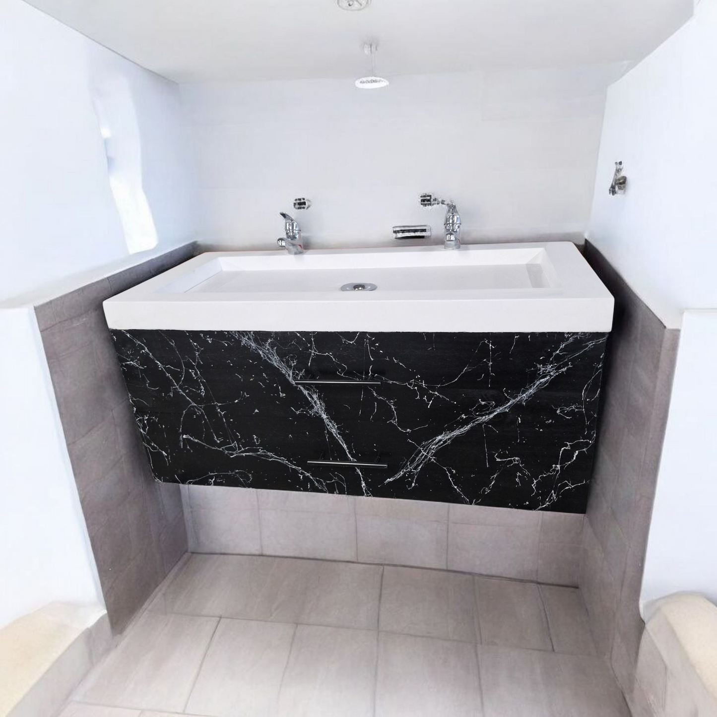Meuble sous vasque doubles tiroirs noir effet marbre en bois massif ,fait artisanalement en France par Gakeal