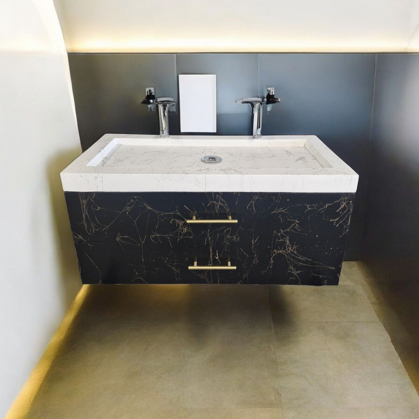 Meuble sous vasque doubles tiroirs noir effet marbre doré en bois massif ,fait artisanalement en France par Gakeal