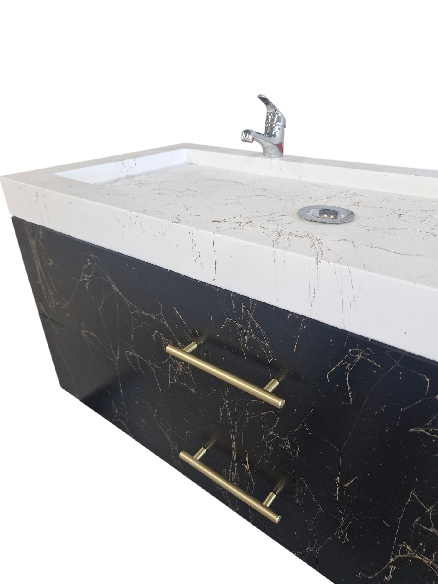Meuble sous vasque doubles tiroirs noir effet marbre doré en bois massif ,fait artisanalement en France par Gakeal