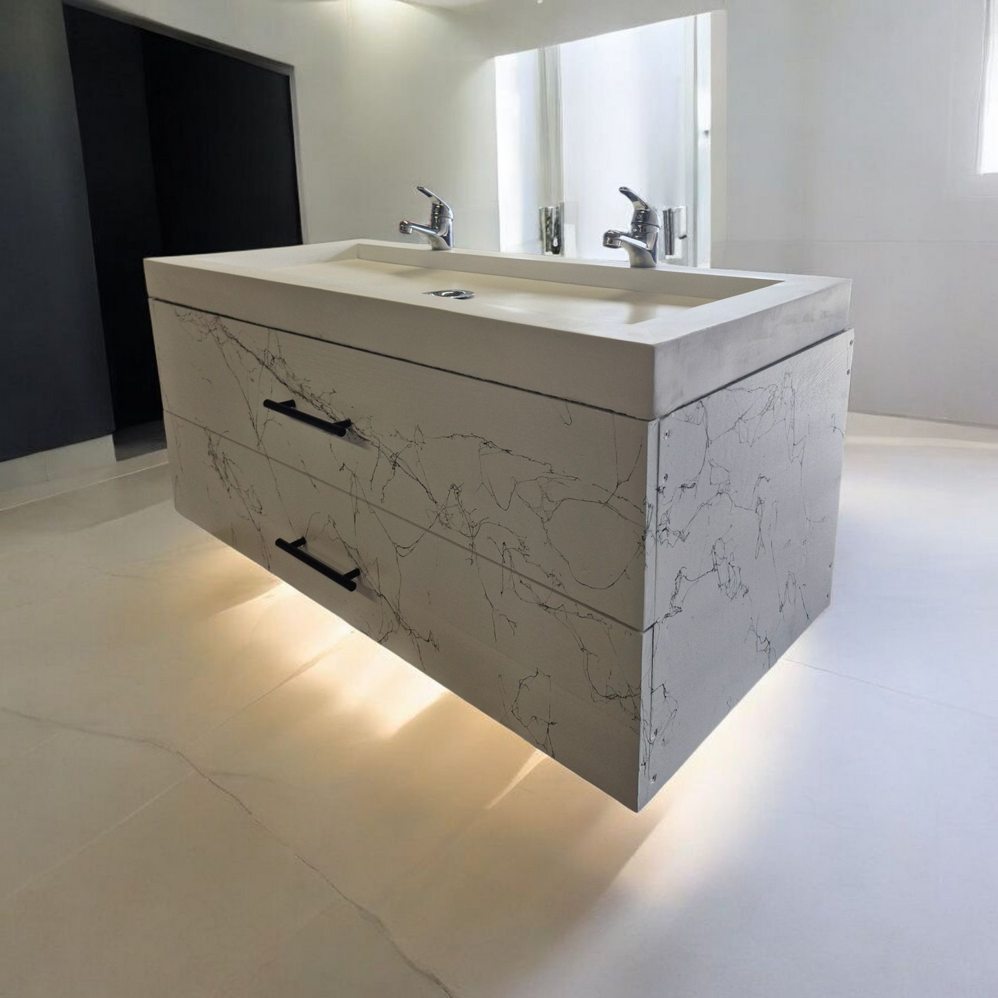 Meuble sous vasque doubles tiroirs blanc effet marbre en bois massif ,fait artisanalement en France par Gakeal