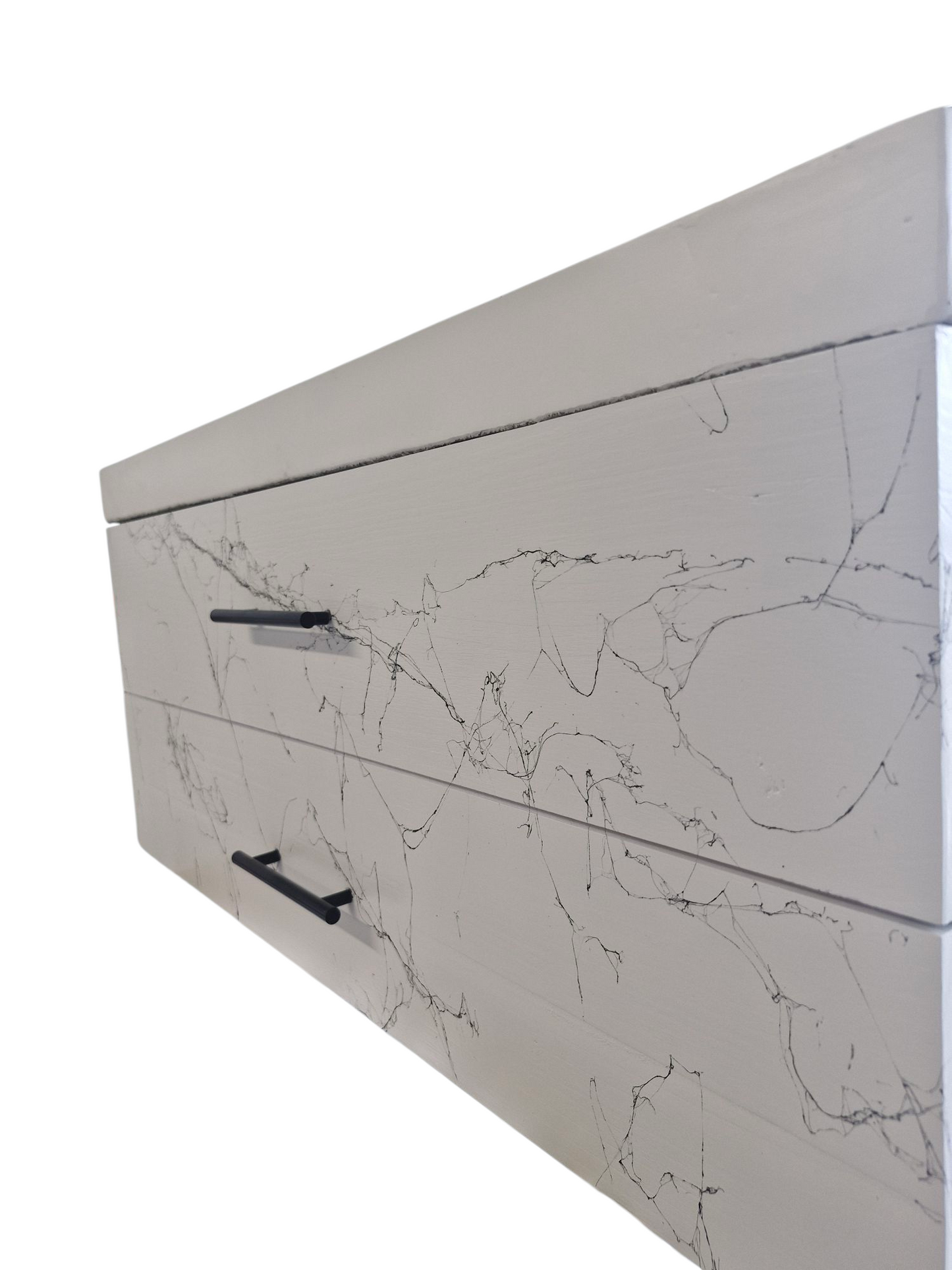Meuble sous vasque doubles tiroirs blanc effet marbre en bois massif ,fait artisanalement en France par Gakeal