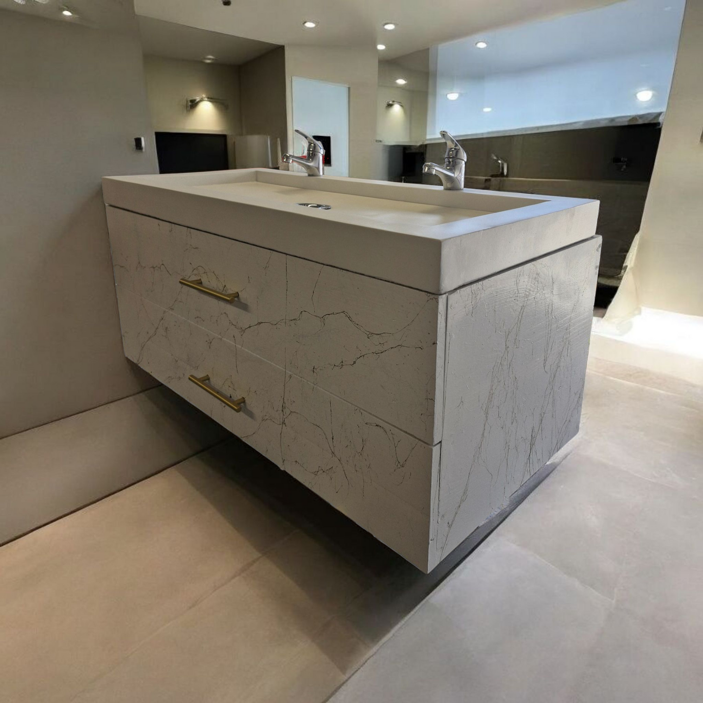 Meuble sous vasque doubles tiroirs blanc effet marbre doré en bois massif ,fait artisanalement en France par Gakeal