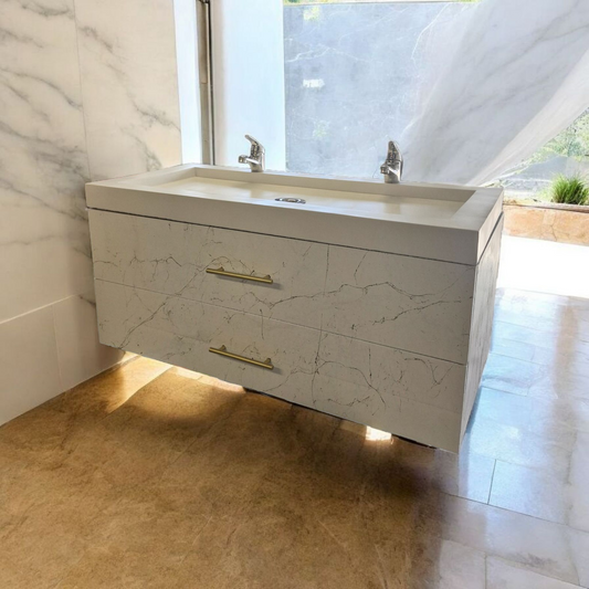 Meuble sous vasque doubles tiroirs blanc effet marbre doré en bois massif ,fait artisanalement en France par Gakeal