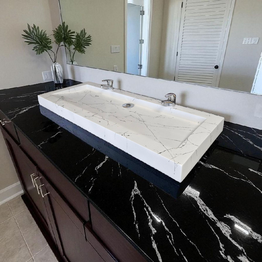 Plan double vasque Blanc effet marbre édition céleste en béton fibré cimenté , fabriqué artisanalement en France par Gakeal