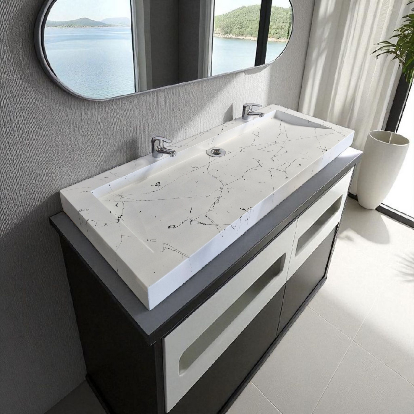 Plan double vasque Blanc effet marbre édition céleste en béton fibré cimenté , fabriqué artisanalement en France par Gakeal