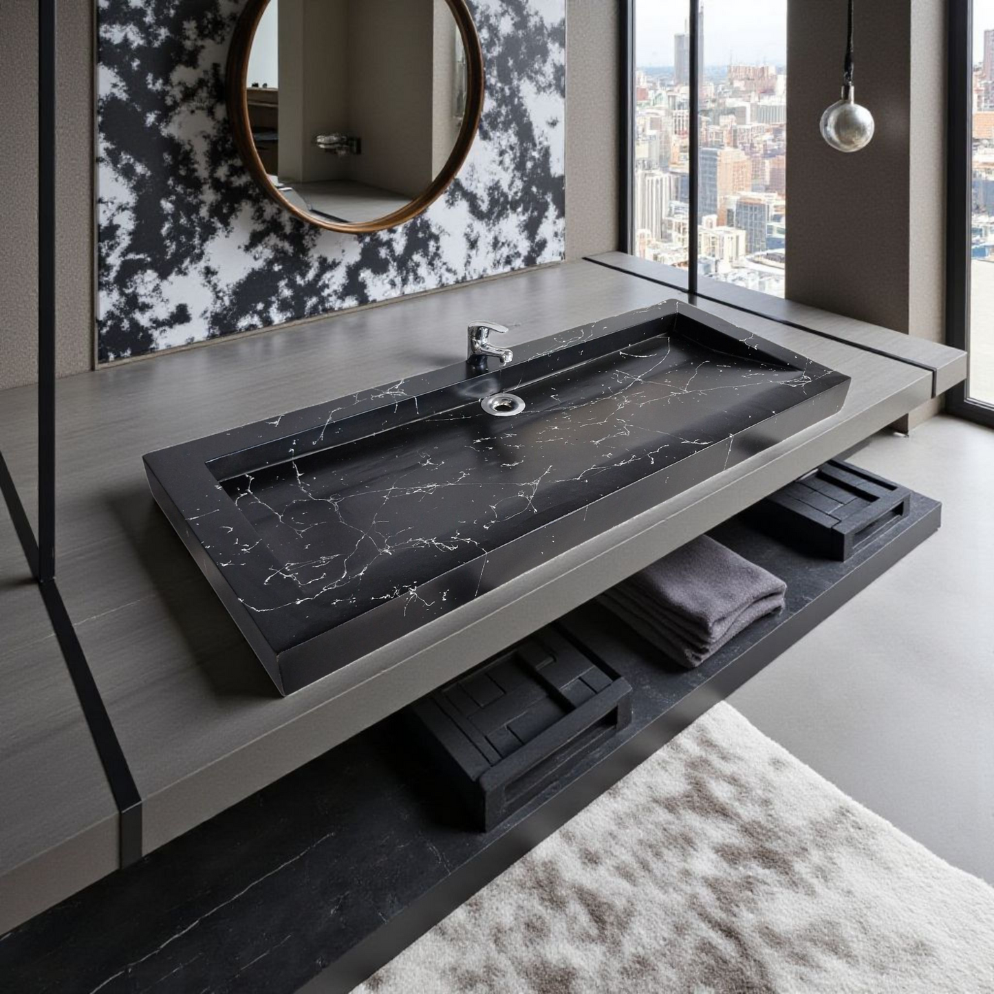 Plan double vasque noir effet marbre édition céleste en béton fibré cimenté , fabriqué artisanalement en France par Gakeal