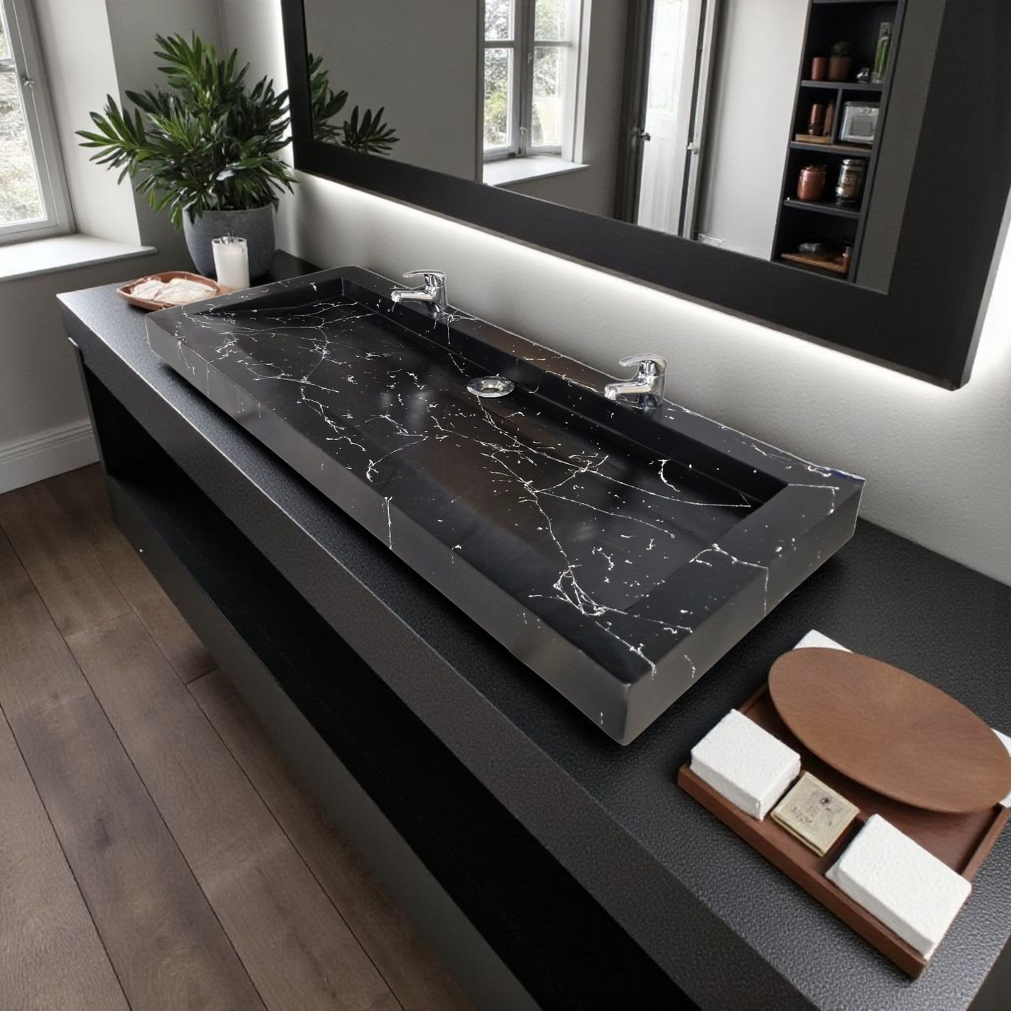 Plan double vasque noir effet marbre édition céleste en béton fibré cimenté , fabriqué artisanalement en France par Gakeal