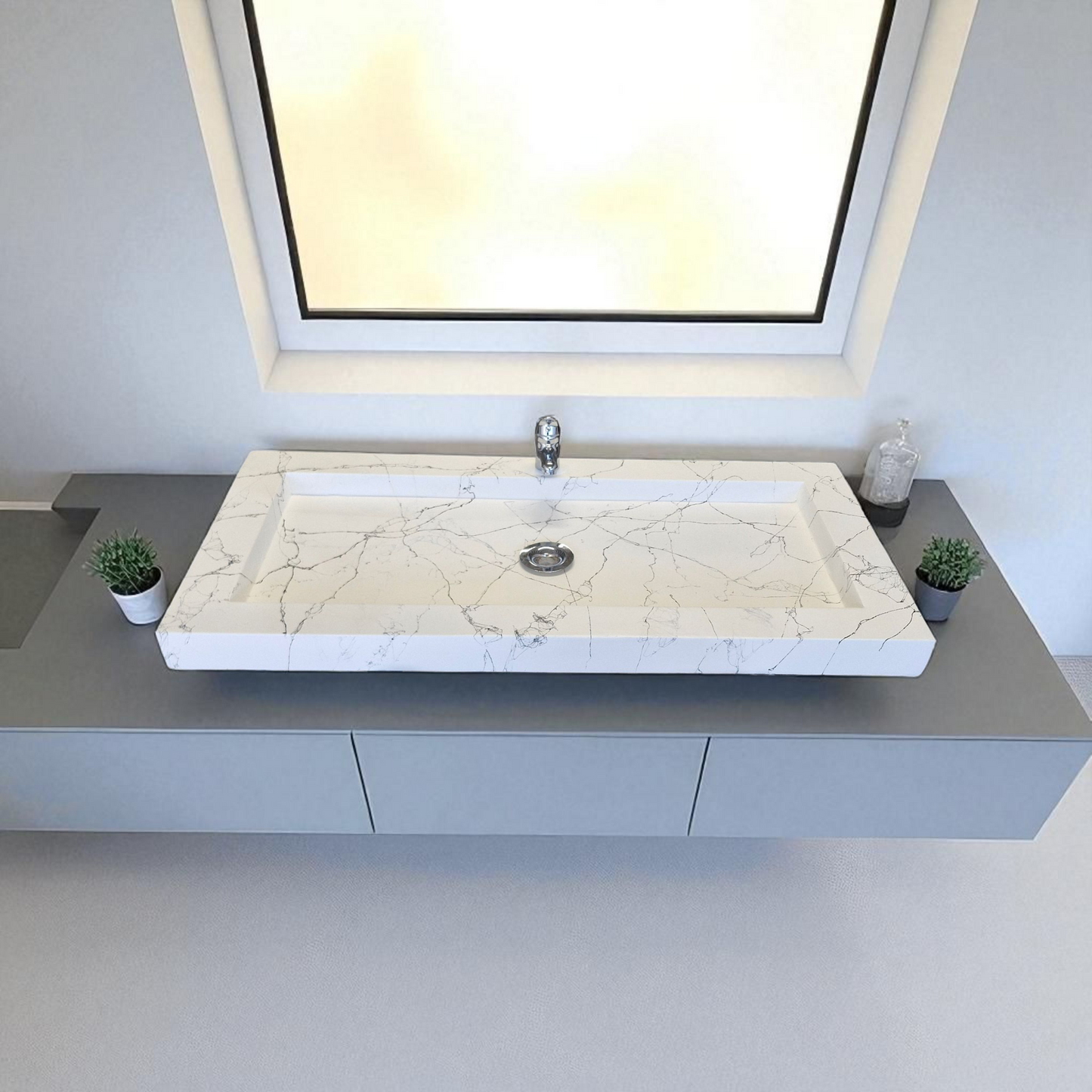Plan double vasque en béton fibré cimenté blanc effet marbre noir , fabriqué artisanalement en France par Gakeal