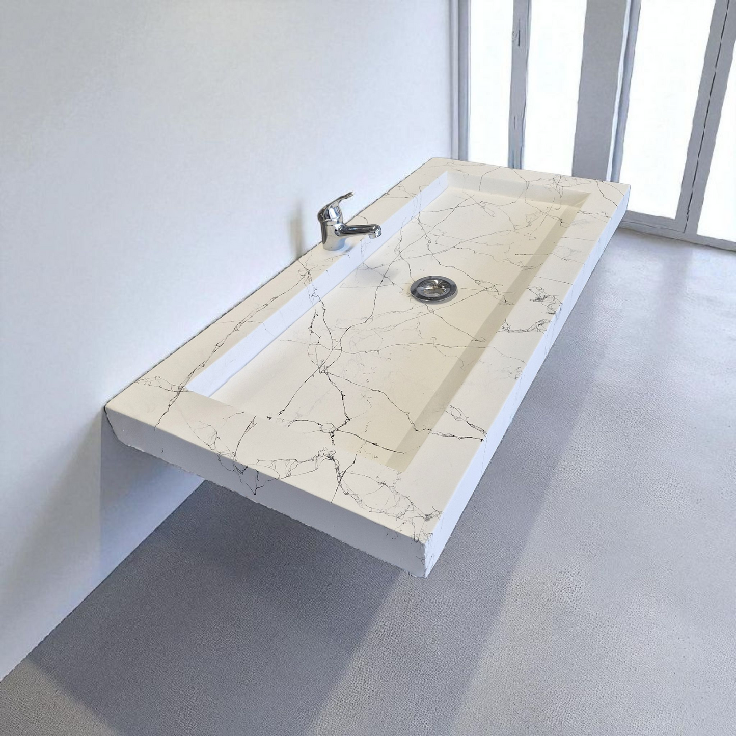 Plan double vasque en béton fibré cimenté blanc effet marbre noir , fabriqué artisanalement en France par Gakeal