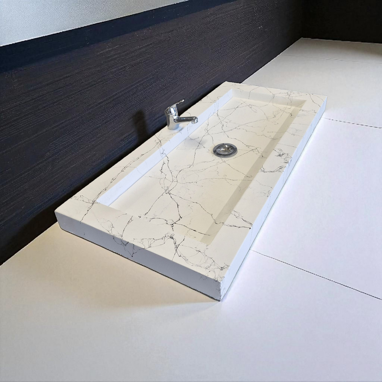 Plan double vasque en béton fibré cimenté blanc effet marbre noir , fabriqué artisanalement en France par Gakeal