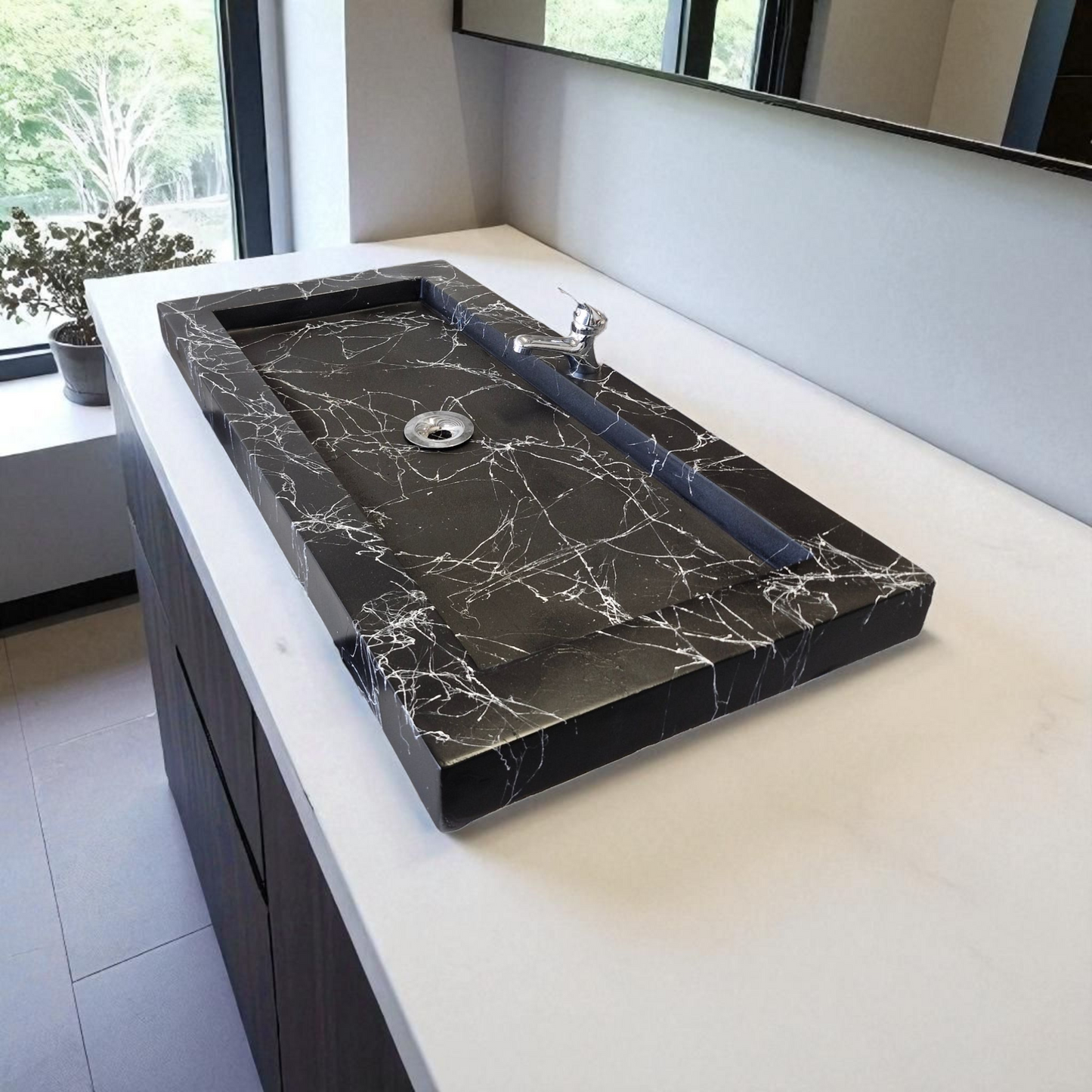 Plan double vasque en béton fibré cimenté effet marbre blanc , fabriqué artisanalement en France par Gakeal