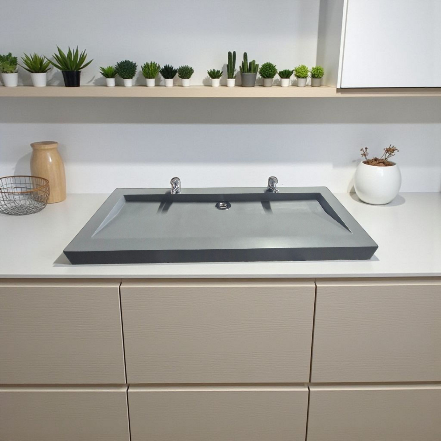 Plan double vasque gris édition céleste en béton fibré cimenté , fabriqué artisanalement en France par Gakeal