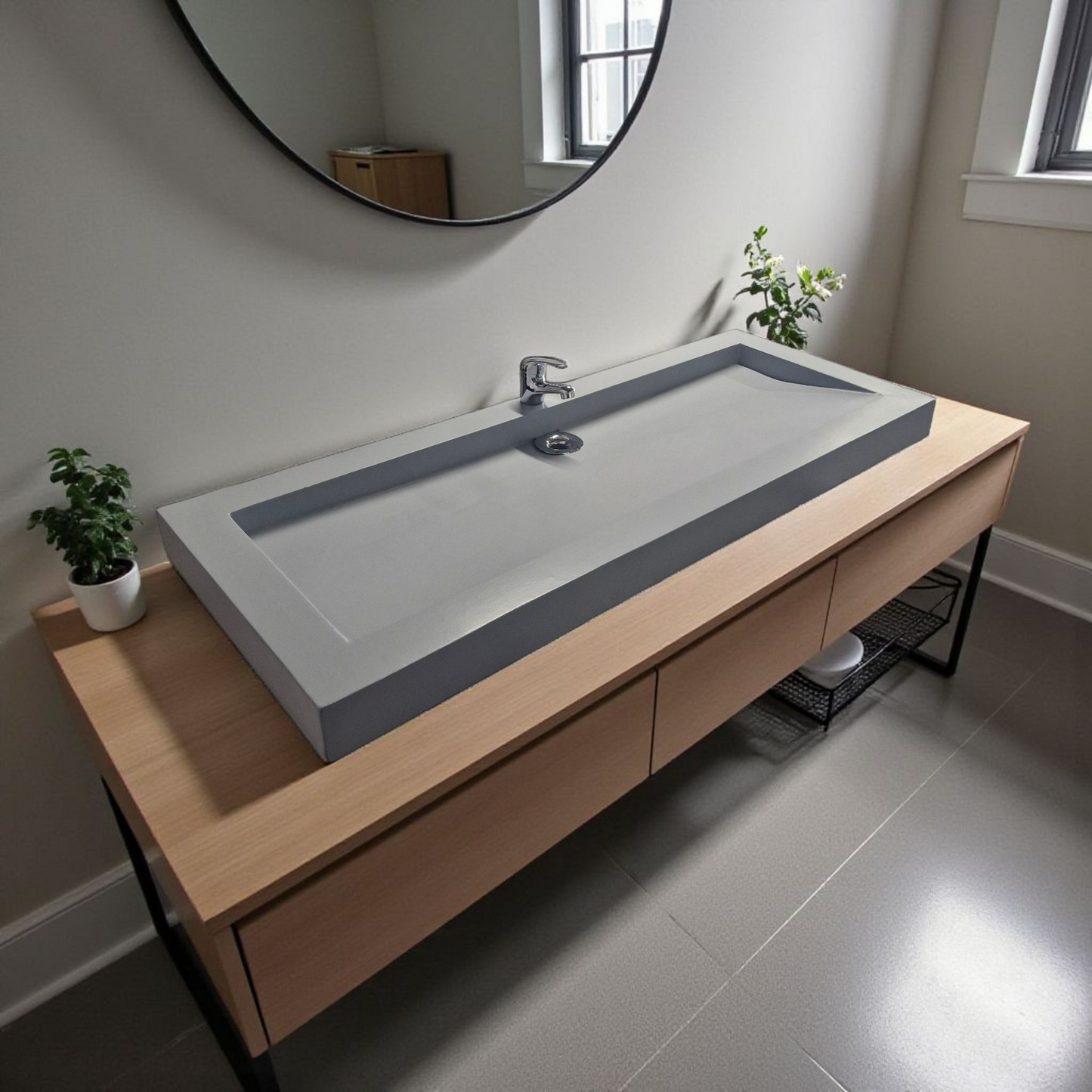 Plan double vasque gris édition céleste en béton fibré cimenté , fabriqué artisanalement en France par Gakeal