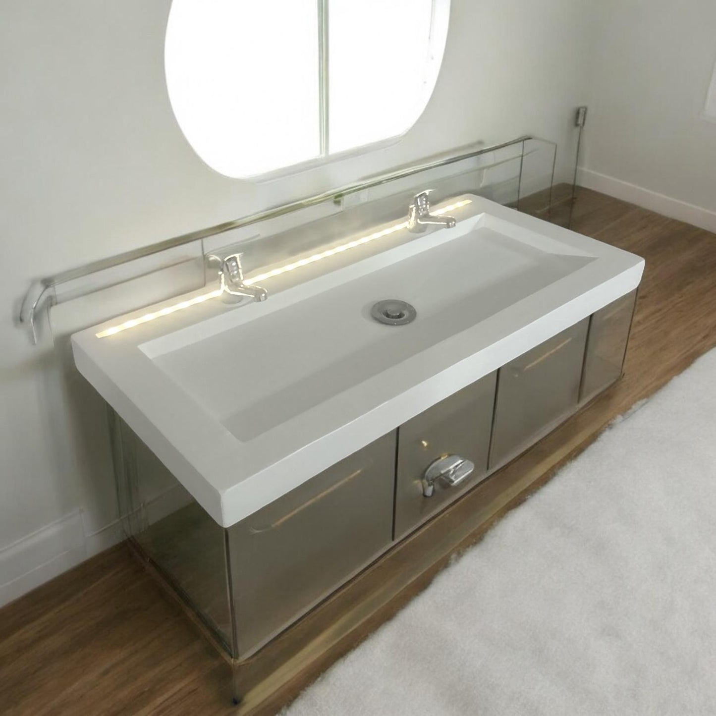 Plan Double Vasque en béton fibré cimenté blanc avec LED à capteur capteur de mouvement double robinetterie, fabriquer artisanalement en France par Gakeal