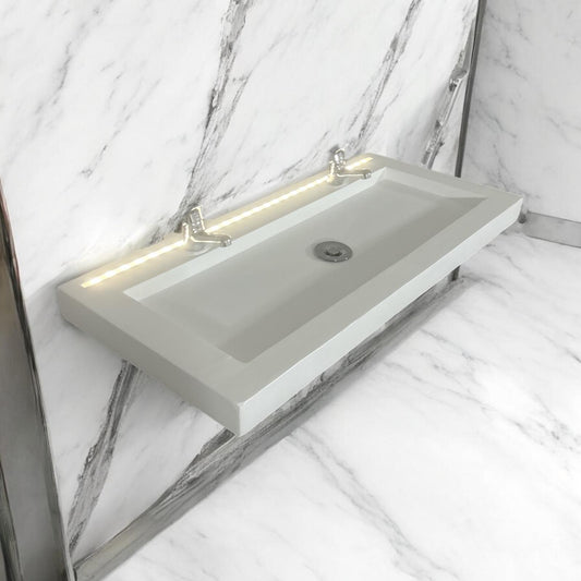Plan Double Vasque en béton fibré cimenté blanc avec LED à capteur capteur de mouvement double robinetterie, fabriquer artisanalement en France par Gakeal