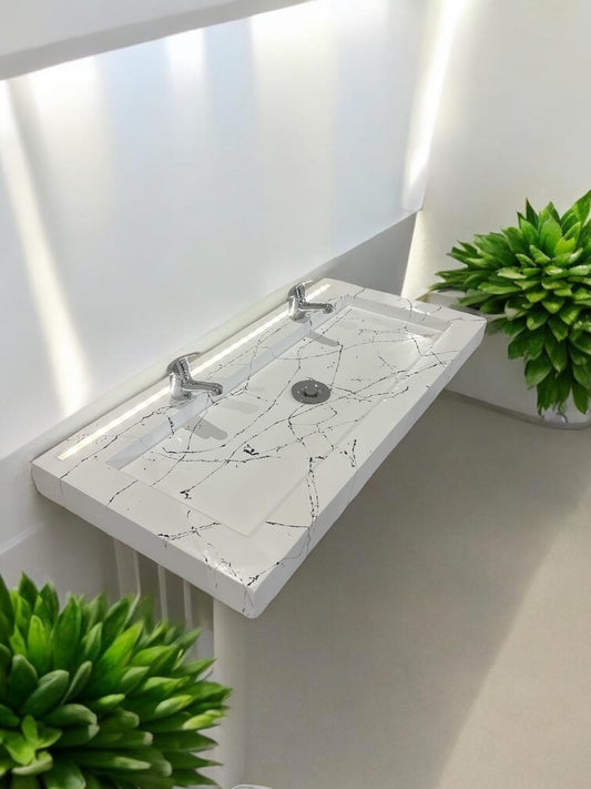 Plan Double Vasque en béton fibré cimenté blanc effet marbre avec LED à capteur de mouvement double robinetterie, fabriquer artisanalement en France par Gakeal