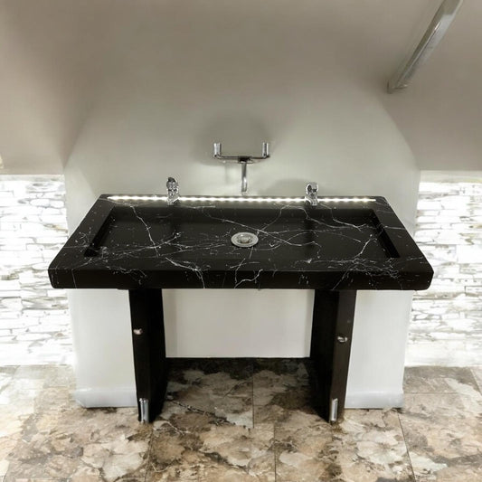 Plan Double Vasque en béton fibré cimenté noir effet marbre avec LED à capteur de mouvement double robinetterie, fabriquer artisanalement en France par Gakeal