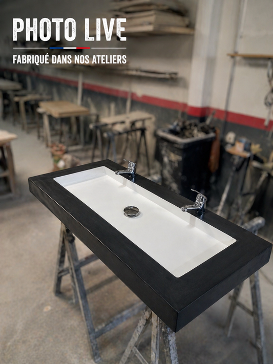 Plan vasque béton ciré bicolore noir blanc–composite minéral pleine masse – fabrication artisanale française Gakeal