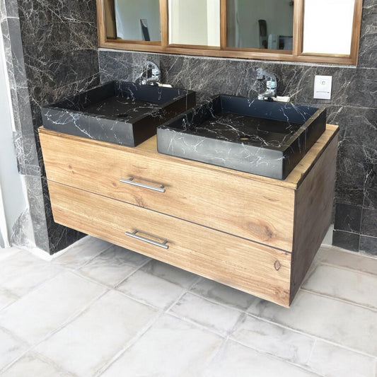Meuble sous vasque doubles tiroirs couleur chêne naturel en bois massif ,fait artisanalement en France par Gakeal