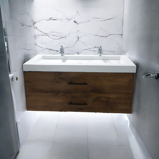 Meuble sous vasque doubles tiroirs couleur noisetier en bois massif ,fait artisanalement en France par Gakeal