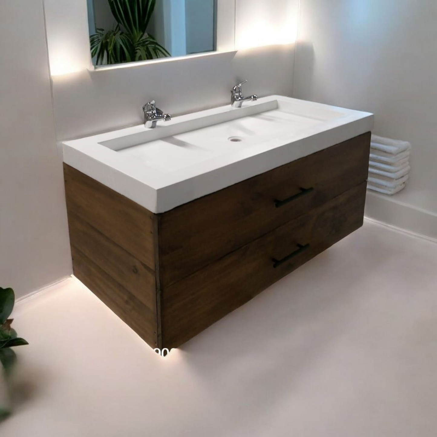 Meuble sous vasque doubles tiroirs couleur noisetier en bois massif ,fait artisanalement en France par Gakeal