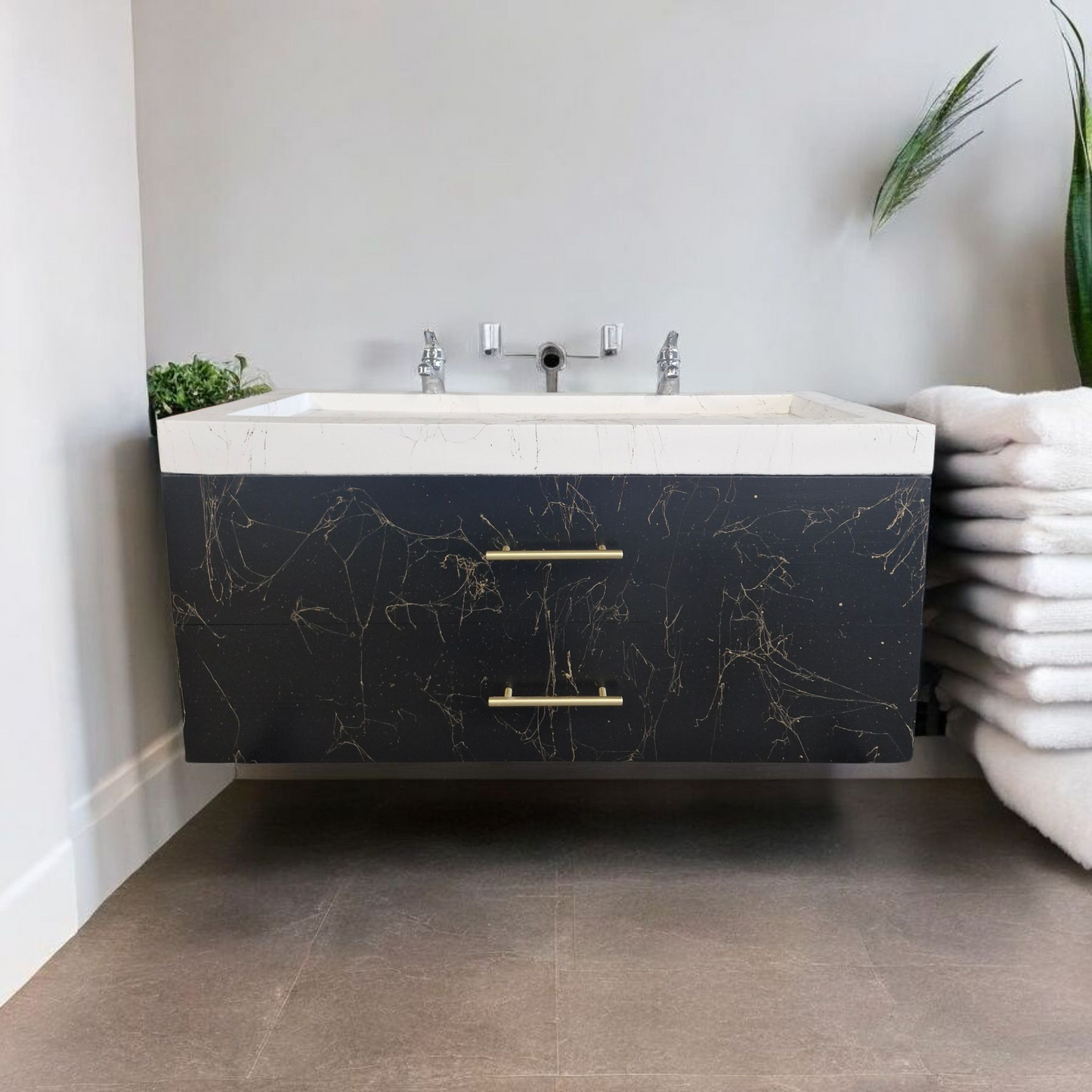 Meuble sous vasque doubles tiroirs noir effet marbre doré en bois massif ,fait artisanalement en France par Gakeal