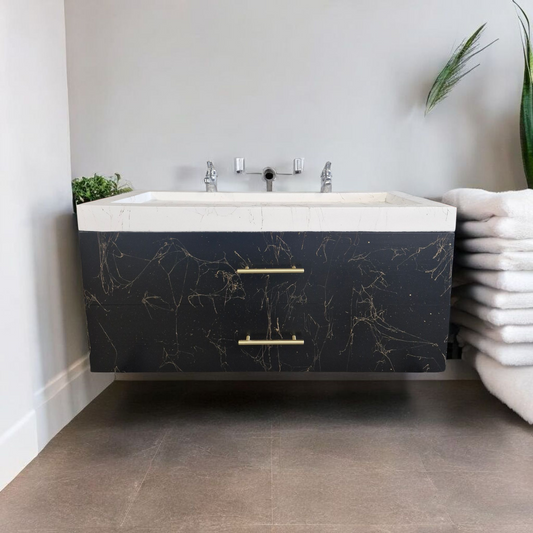 Meuble sous vasque doubles tiroirs noir effet marbre doré en bois massif ,fait artisanalement en France par Gakeal