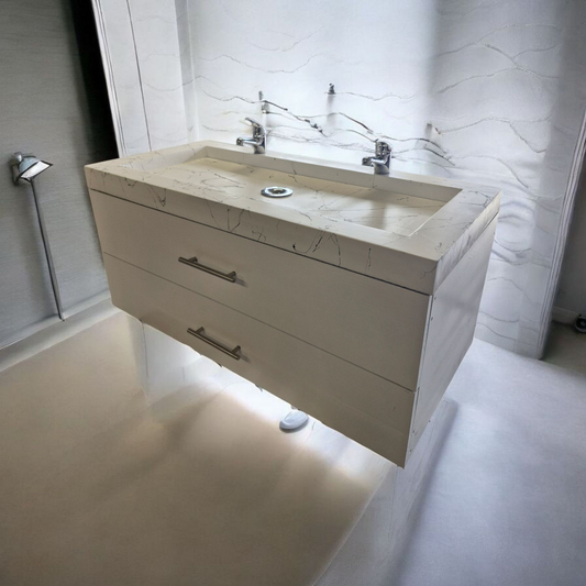 Meuble sous vasque doubles tiroirs blanc en bois massif ,fait artisanalement en France par Gakeal