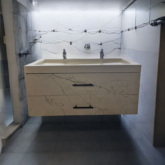 Meuble sous vasque doubles tiroirs blanc effet marbre en bois massif ,fait artisanalement en France par Gakeal