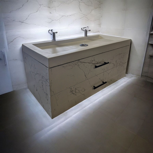 Meuble sous vasque doubles tiroirs blanc effet marbre en bois massif ,fait artisanalement en France par Gakeal