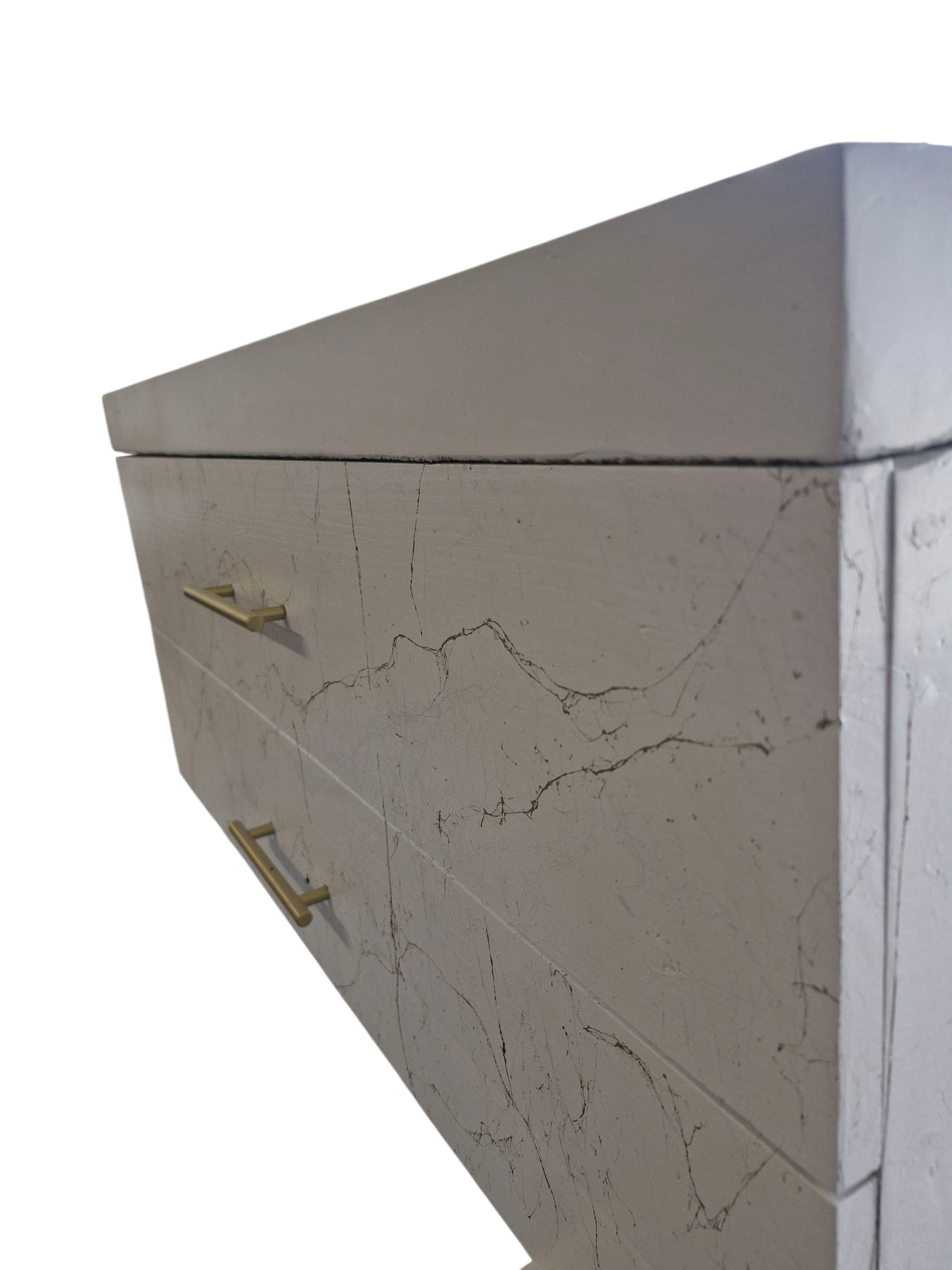 Meuble sous vasque doubles tiroirs blanc effet marbre doré en bois massif ,fait artisanalement en France par Gakeal