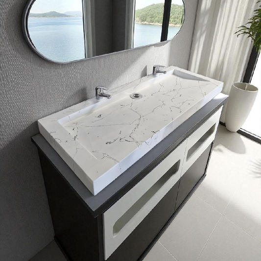 Plan double vasque Blanc effet marbre édition céleste en béton fibré cimenté , fabriqué artisanalement en France par Gakeal