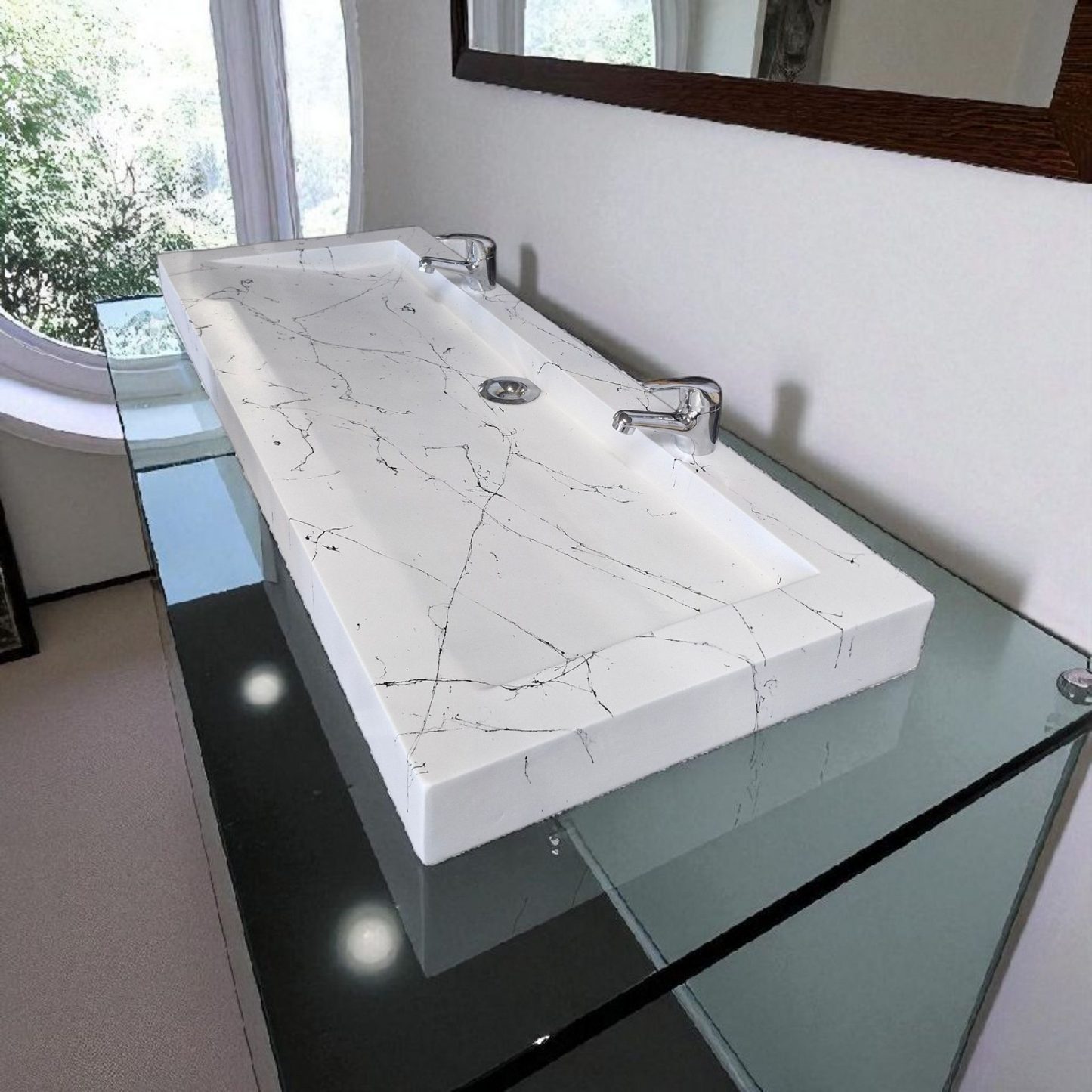 Plan double vasque Blanc effet marbre édition céleste en béton fibré cimenté , fabriqué artisanalement en France par Gakeal