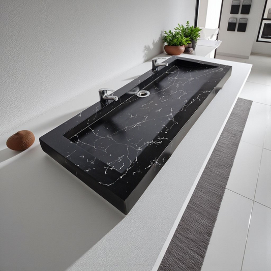 Plan double vasque noir effet marbre édition céleste en béton fibré cimenté , fabriqué artisanalement en France par Gakeal