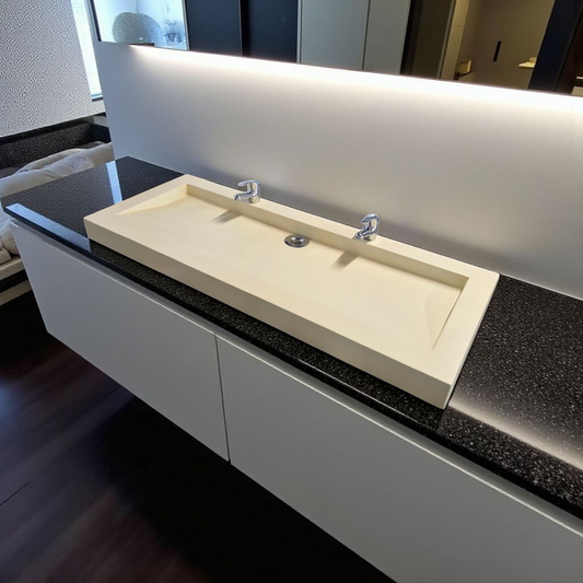 Plan double vasque beige édition céleste en béton fibré cimenté , fabriqué artisanalement en France par Gakeal