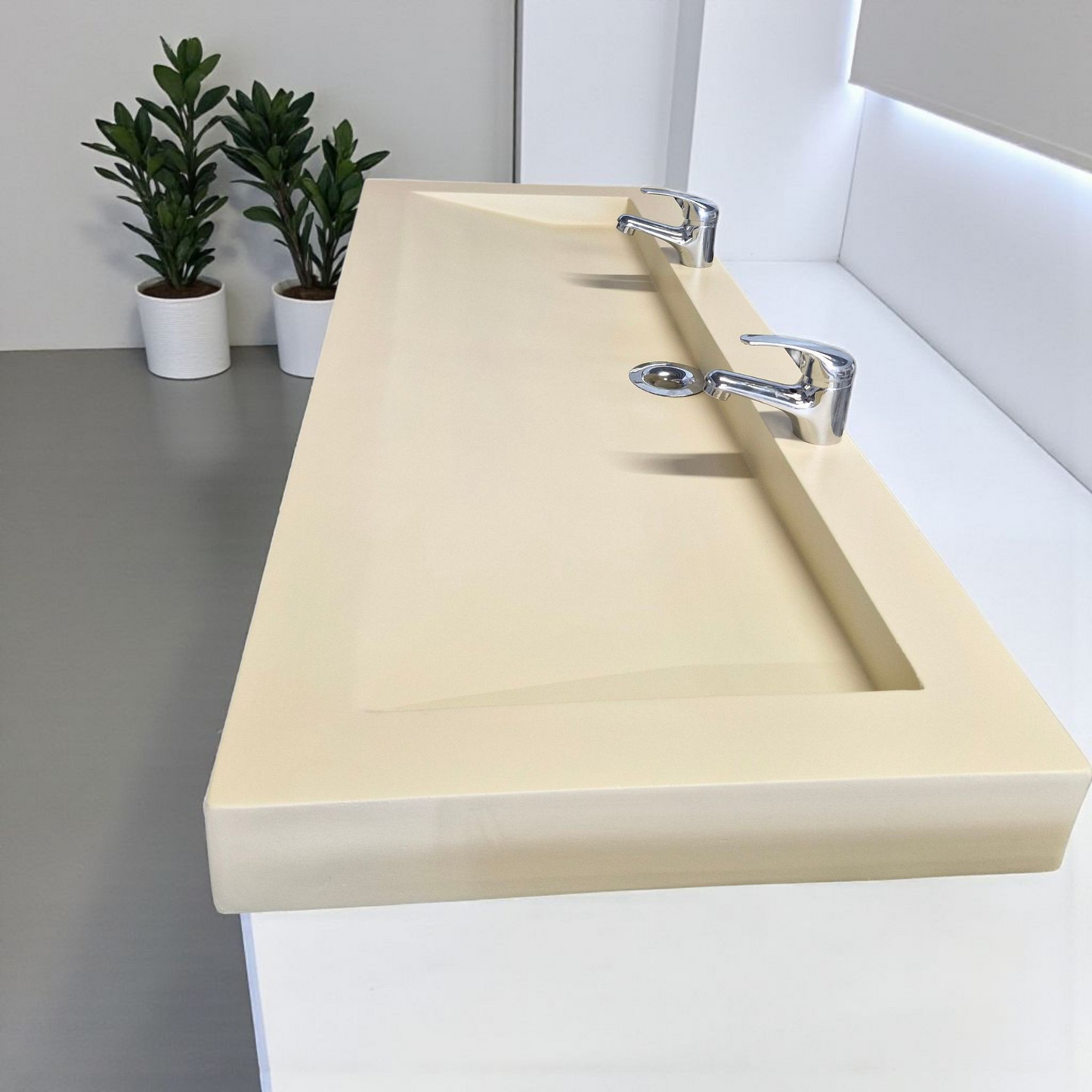 Plan double vasque beige édition céleste en béton fibré cimenté , fabriqué artisanalement en France par Gakeal