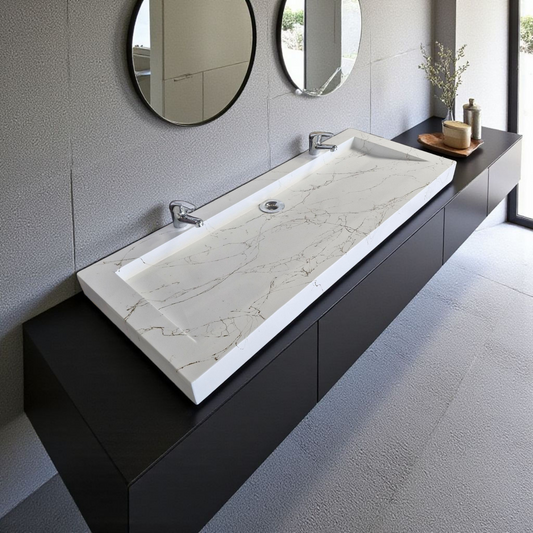 Plan double vasque Blanc effet marbre doré édition céleste en béton fibré cimenté , fabriqué artisanalement en France par Gakeal