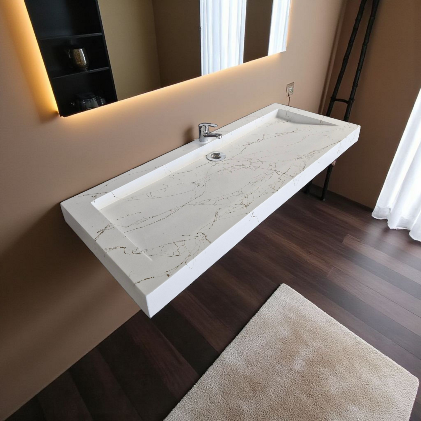 Plan double vasque Blanc effet marbre doré édition céleste en béton fibré cimenté , fabriqué artisanalement en France par Gakeal
