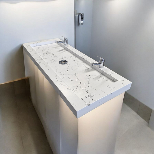 Plan double vasque en béton fibré cimenté blanc effet marbre noir , fabriqué artisanalement en France par Gakeal