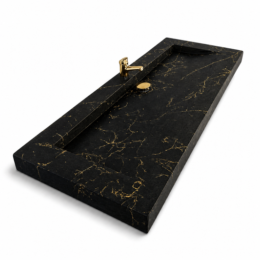 Plan double vasque noir veiné doré – Édition Céleste, matière minérale pleine, finition haut de gamme – fabrication artisanale française Gakeal