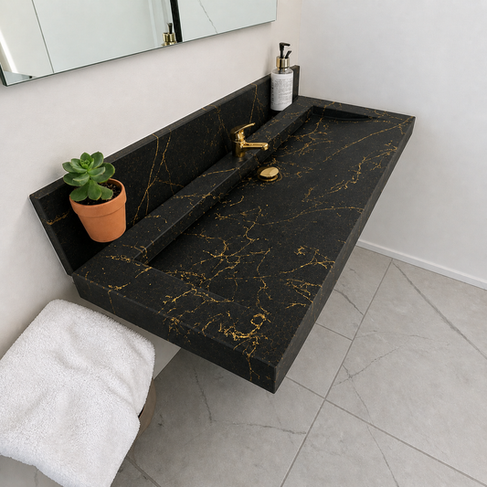 Plan double vasque noir veiné doré – Édition Céleste, matière minérale pleine, finition haut de gamme – fabrication artisanale française Gakeal