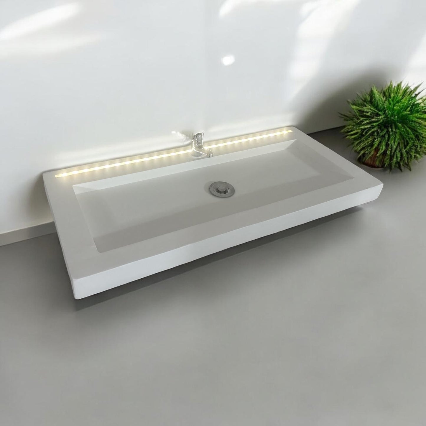 Plan Vasque en béton fibré cimenté blanc avec LED à capteur de mouvement simple robinetterie, fabriquer artisanalement en France par Gakeal