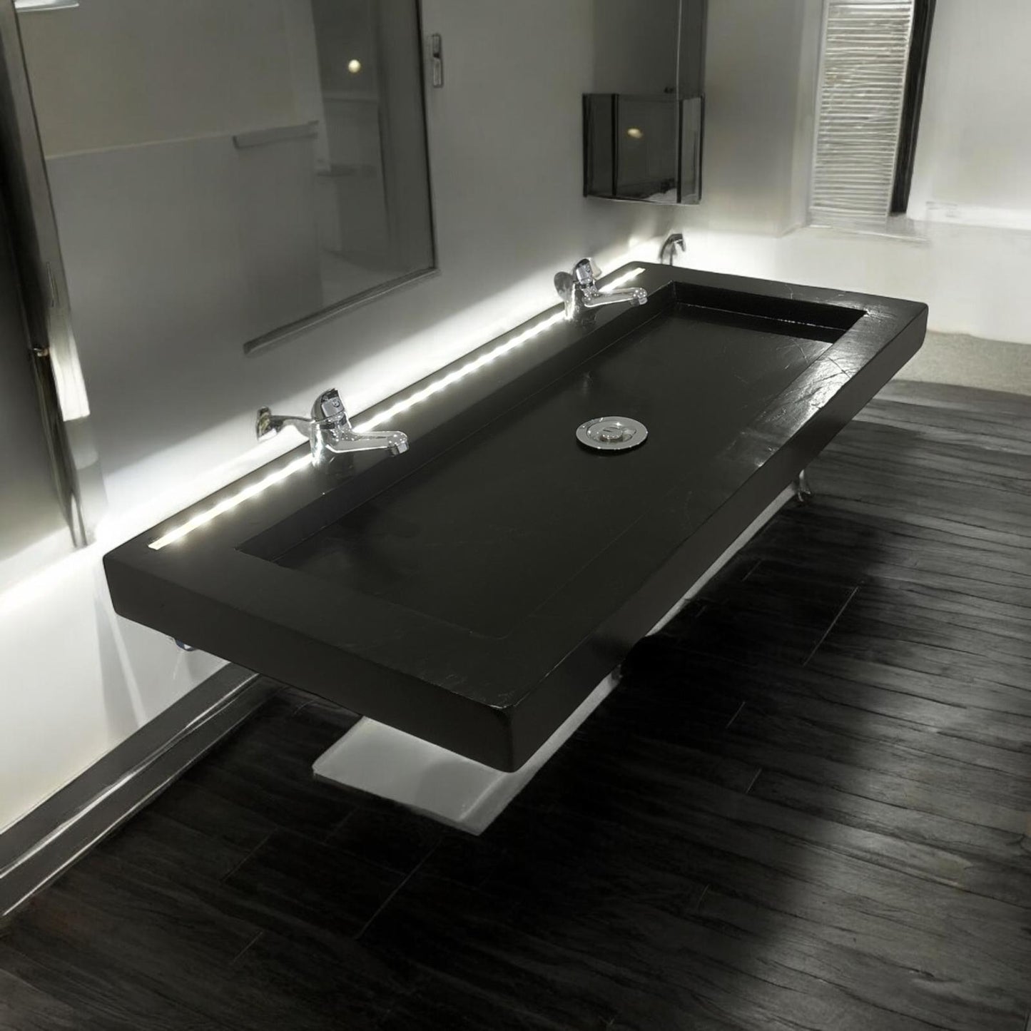 Plan Double Vasque en béton fibré cimenté noir avec LED à capteur double robinetterie, fabriquer artisanalement en France par Gakeal