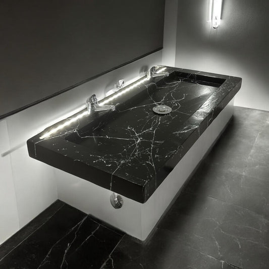 Plan Double Vasque en béton fibré cimenté noir effet marbre avec LED à capteur de mouvement double robinetterie, fabriquer artisanalement en France par Gakeal