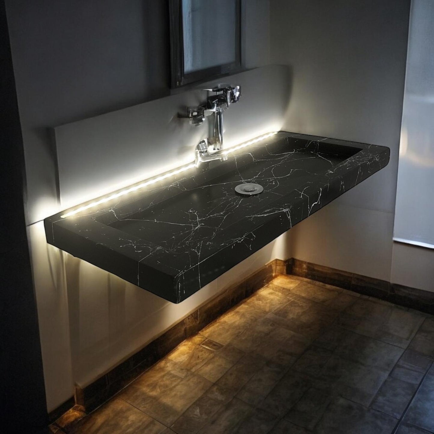 Plan Vasque en béton fibré cimenté noir effet marbre avec LED à capteur de mouvement simple robinetterie, fabriquer artisanalement en France par Gakeal